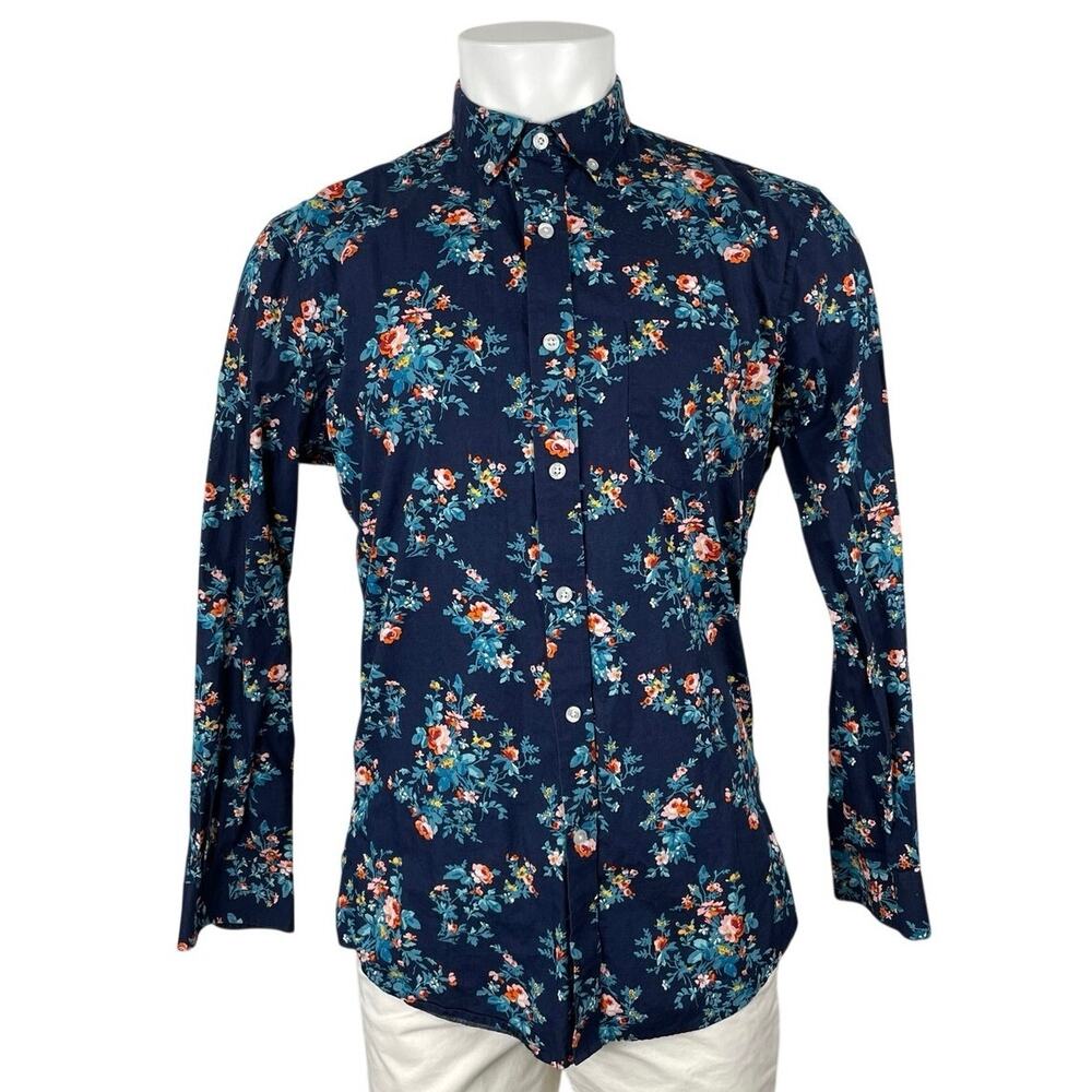 Club Room Men's Blue Floral Slim Pocket Long Sleeve Button Down Shirt Top Size M